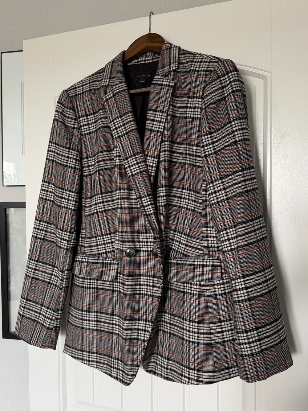 Ann Taylor Gray and Black Plaid Blazer with Brown Accent